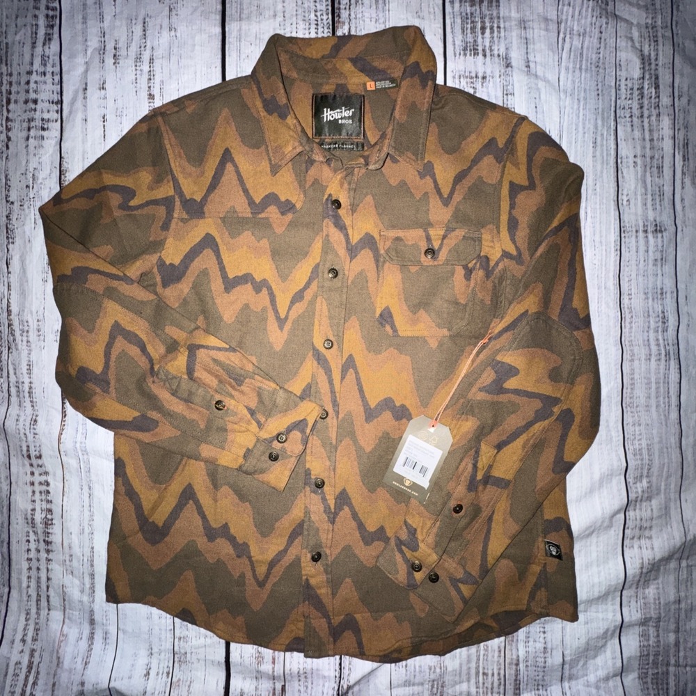 NWT Howler Brothers Men's Large Harker's Flannel Sediment Jacquard Camel